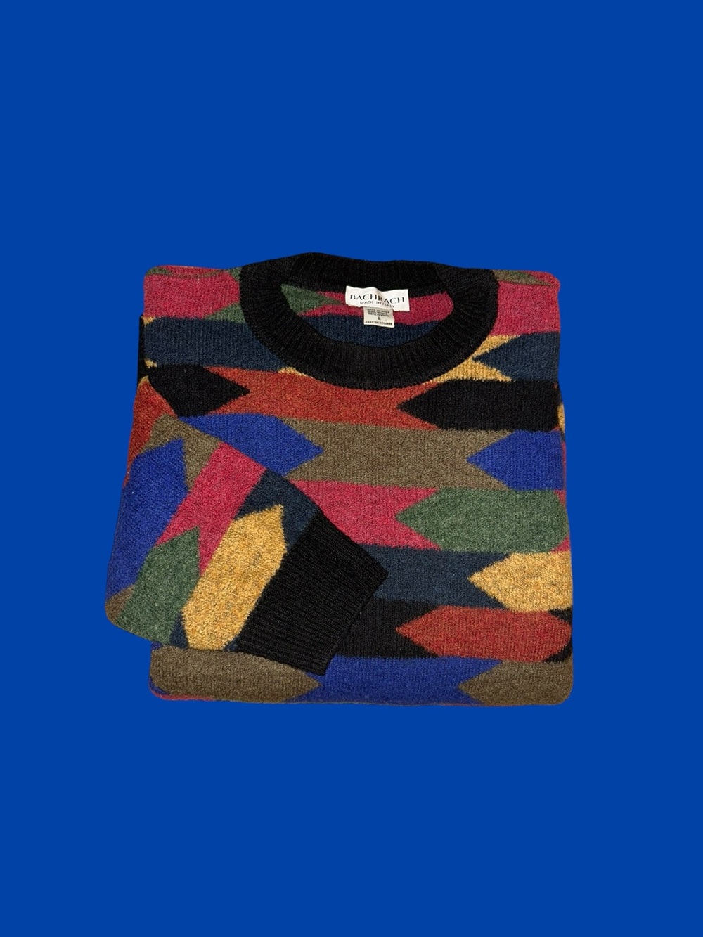 Vintage 90s Bachrach Wool Crew Neck Sweater Geometric Made In Italy Size Large